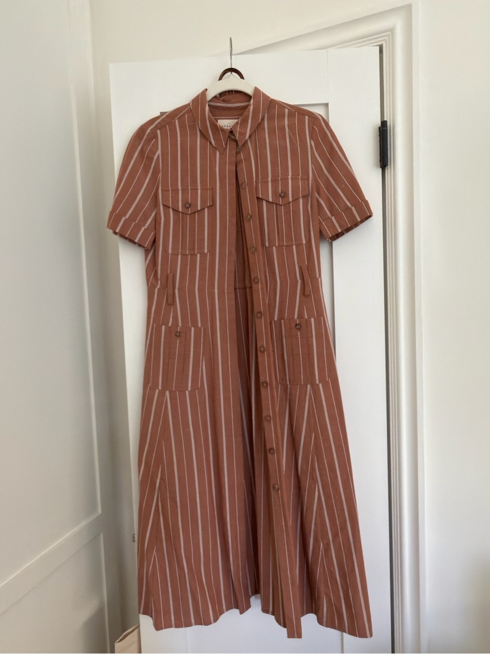 Sezane - Raquel Terracotta Striped Short-Sleeve Shirt Dress in Rust